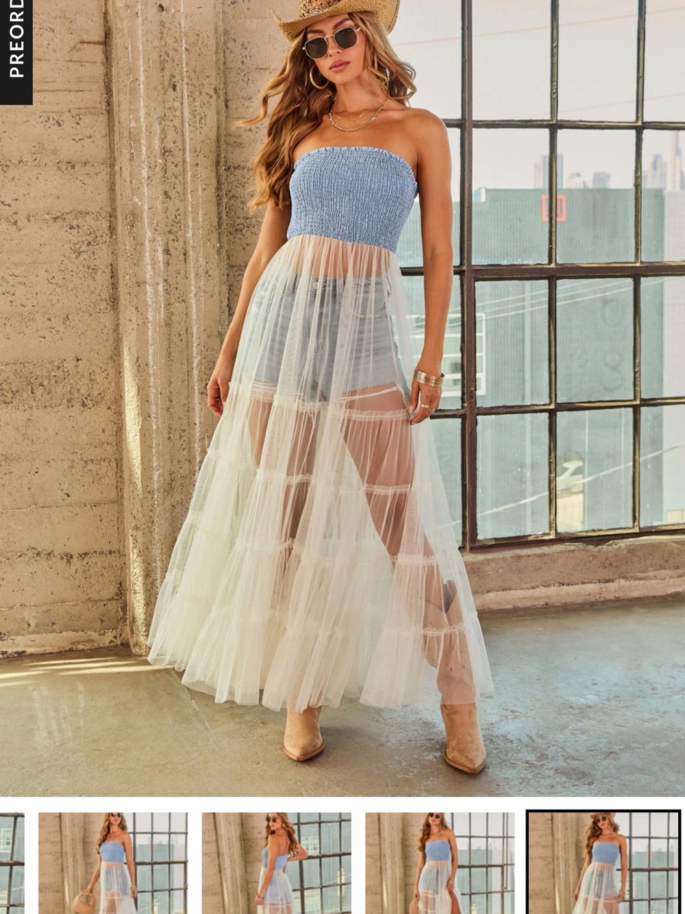 VICI Leannie Smocked Chambray Tulle Top